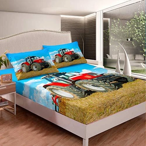 Boys Tractor Printed Bedding Set Men Construction Cars Pattern Bed Sheet Set