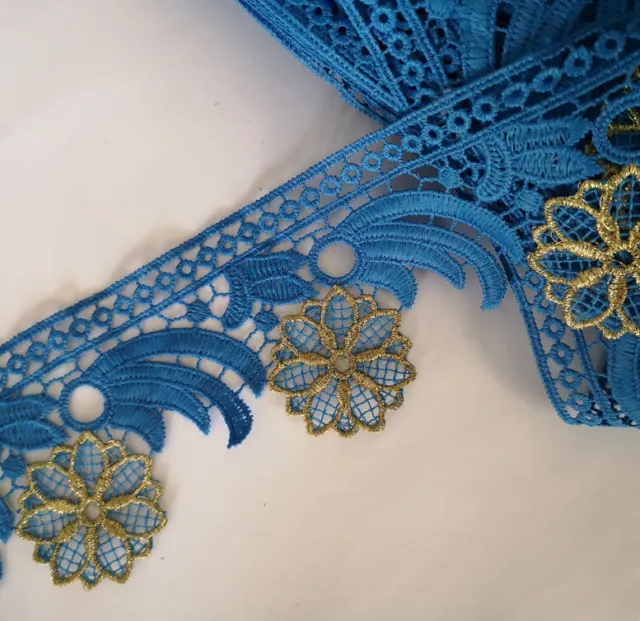 2.75"' Wide Rayon Venise Vintage Blue lace with Gold Metallic Floral Trim s0295