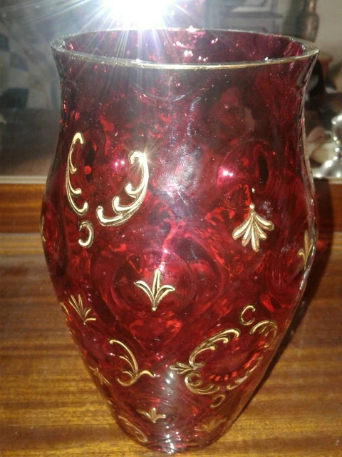 Victorian Style Glass Vase Ruby Red-Engraved Designs & Designs Enameled Gold