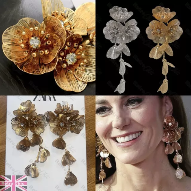 FLOWER EARRINGS studs/hooks long GOLD/SILVER FASHION zara metal flowers CHOOSE