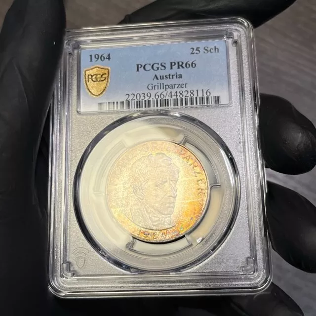 PR66 1964 Austria 25 Schilling Silver Proof, PCGS Secure- Rainbow Toned