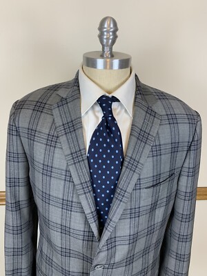 J. Hilburn Vitale Barberis Canico 100% Wool Gray Plaid Luxury Blazer Size 45