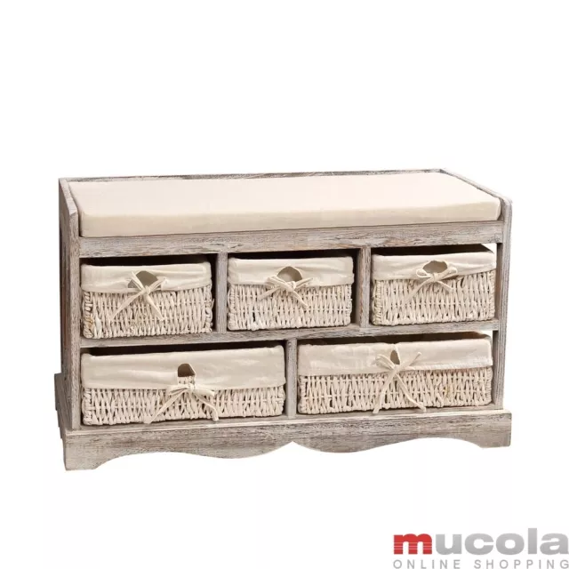 Sitzbank Kommode Truhe 5 Körbe Shabby Chic weiß Bank Flur Flurbank Sitzkommode