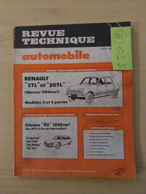 Revue technique RENAULT 5 TL 5 GTL 1.1 1100 cm3 RTa Évolution CITROEN GS 1220