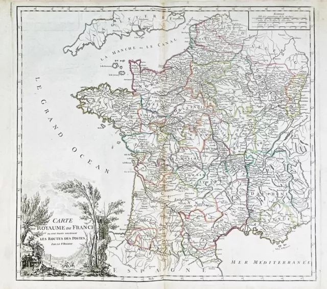 France Carte Postale Poste Post Carte Map Carte Gravure sur Cuivre Vaugondy 1750