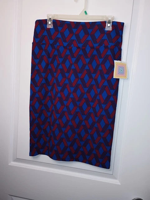 LuLaRoe Women's Cassie Sz Large Blue Red Diamond Pattern Pencil Skirt