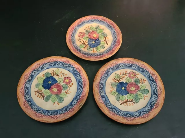 Vintage Set of 3 Hand Painted Plates MADE IN JAPAN Floral Orange Blue