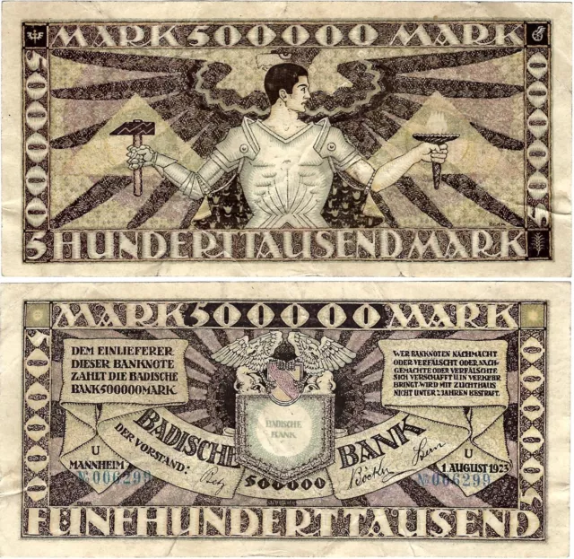 Banknote 500.000 Mark 1923 Mannheim Badische Bank BAD-10 Ro.712 P-S911