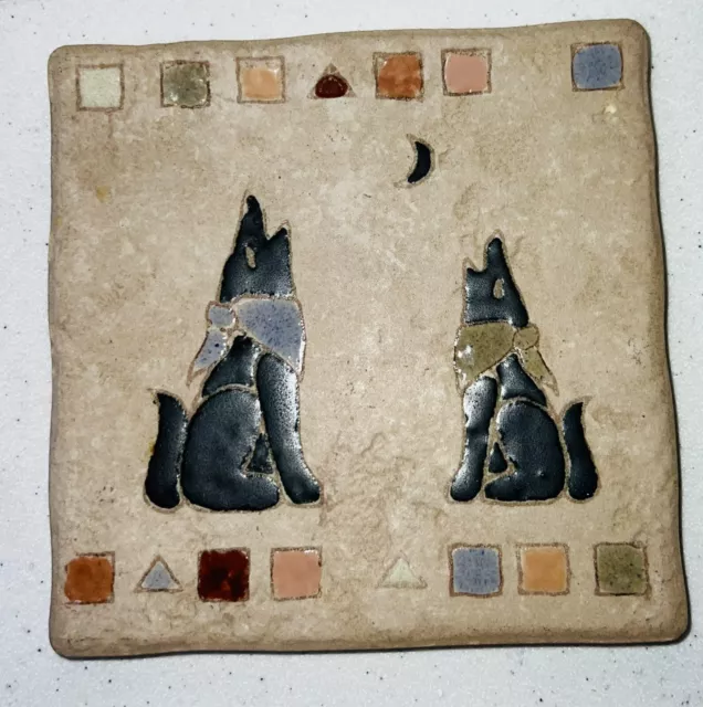 Vintage MasterWorks 4x4" TILE Wall Trivet Art COYOTE Pup Moon Southwest RARE