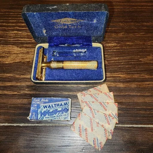 Vintage Gillette Fat Handle Gold Tech DE Safety Razor With Case And Blades NDC