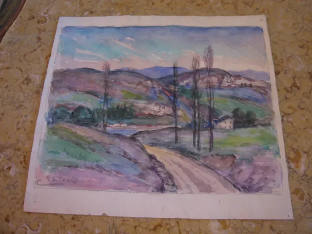 Vtg Antique Early 20th Cent. E A Trego Double Sided Pastel Watercolor Landscape