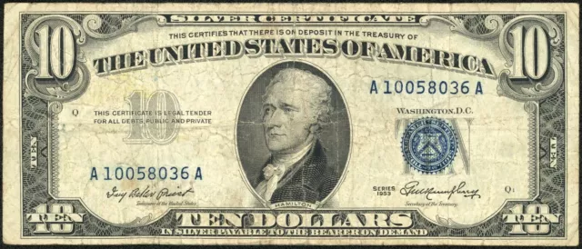 1953 $10 Ten Dollar Silver Certificate Note Fr#1706