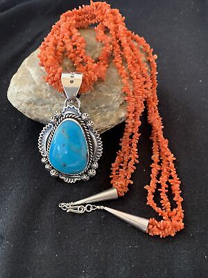 Navajo Sterling Silver Real Coral Turquoise Bead Necklace Pendant 00767