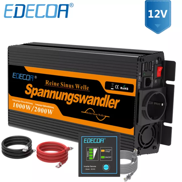 EDECOA 1000W Spannungswandler Reiner Sinus 12V 230V Wechselrichter Inverter