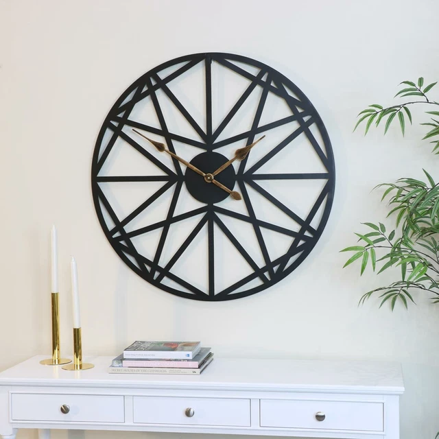 Grand Noir Géométrique Horloge Murale 80cm x 80cm Décor Maison Accessoires