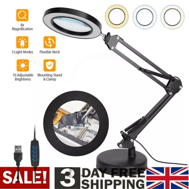 LED Desk RepairLamp 10X Magnifier Glass With Light Stand Clamp Beauty Magnifying