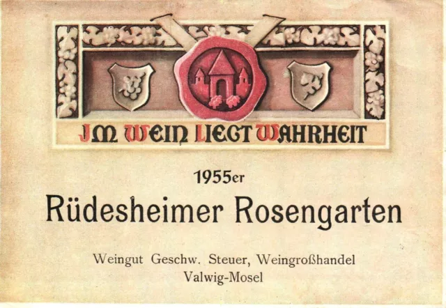 Vintage German Wine Label 1950s 1955er Rudesheimer Rosengarten Rose Mosel