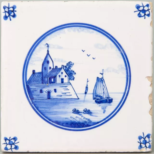 Nice Dutch Delft Blue tile, church / sailboats, circa 1900.
