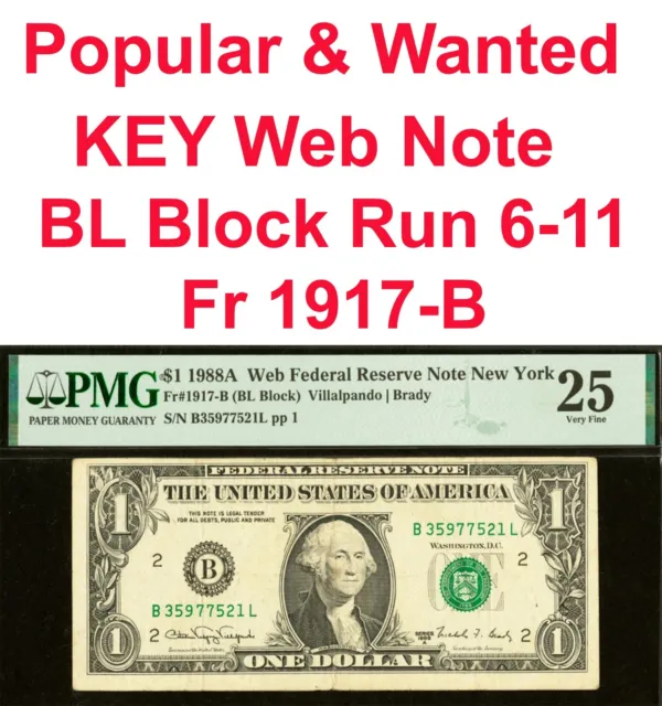 1988A $1 Federal Reserve Note PMG 25 rare KEY Web note BL Block Fr 1917-B