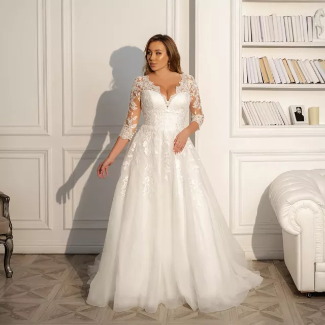 Plus Size Wedding Dress V Neck 3/4 Lace Sleeve Applique A Line White Tulle Gown