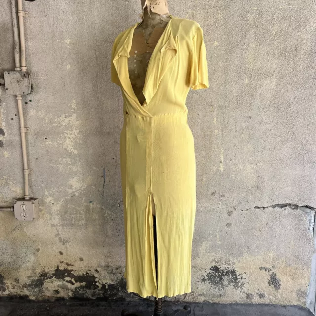 Vestido Vintage 1930 Años 1940 Rayón Acantado Amarillo Canario Corte Bajo Mangas Cortas