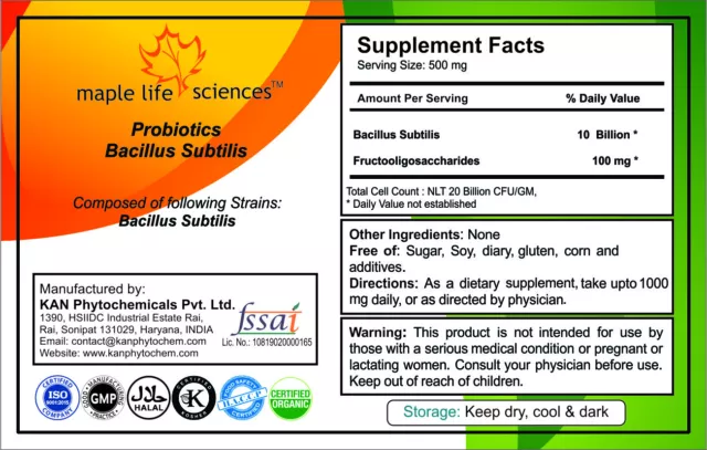 Probiotic blend of Bacillus subtilis 20 Billion CFU/GRAM High Quality 36 2