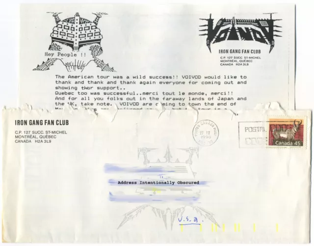 VOIVOD Iron Gang Fan Club Mailorder Artifacts Correspondence 1990