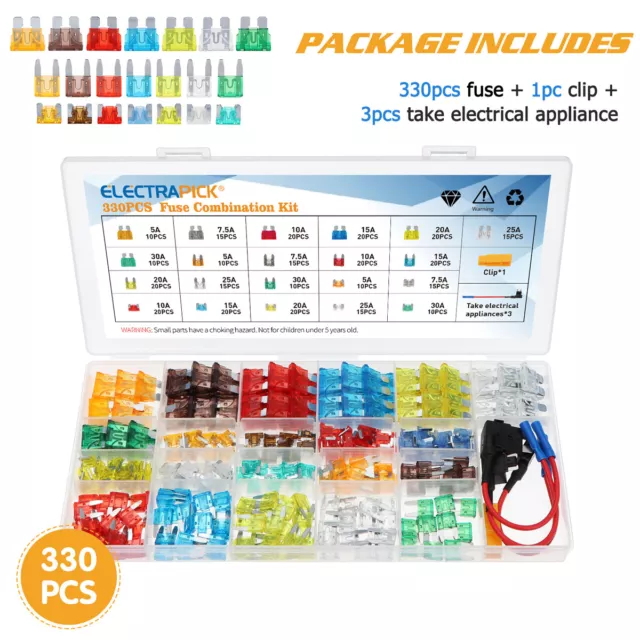 330x Mini & Standard voiture lame fusibles assortiment Auto Van Fuse Set 5-30A