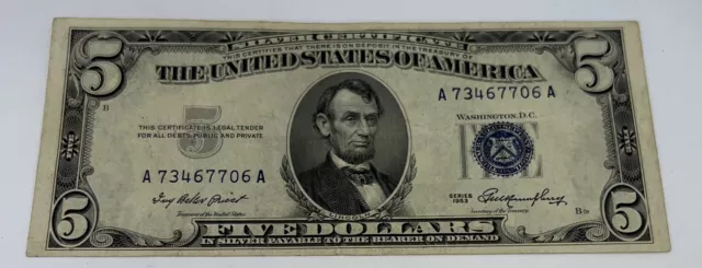 1953 Five Dollar Silver Certificate, $5 Bill, Blue Seal Note, XF+