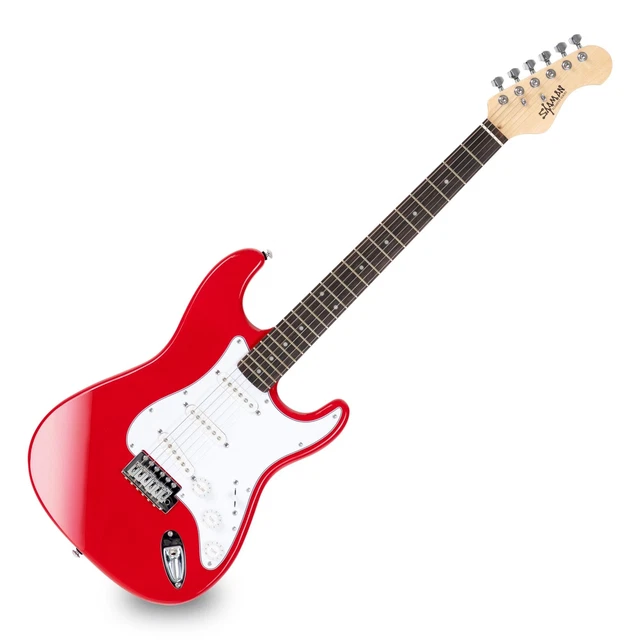 Shaman E-Gitarre ST Style Design Single Coil Ahorn Linde Tremolo Cutaway rot