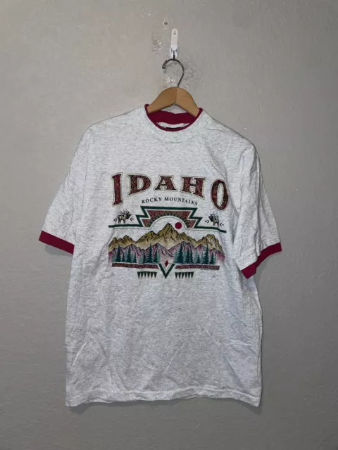 90s Vintage ID Idaho Rocky Mountains Gray Graphic Nature Shirt VTG L Large 1990s