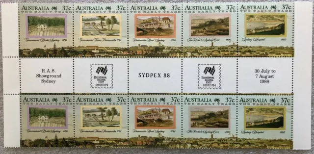 37c x 10 Australian Stamp Gutter Strip The Early Years 1988 Sydpex  R.V $25