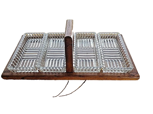 Ancien Plateau Serviteur 5 Compartiments - Bois, Verre, Poignée Chromée, Apéritif