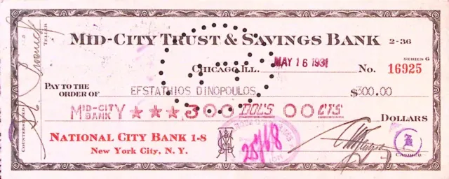Mid City Trust & Savings Bank Chicago Check 1931