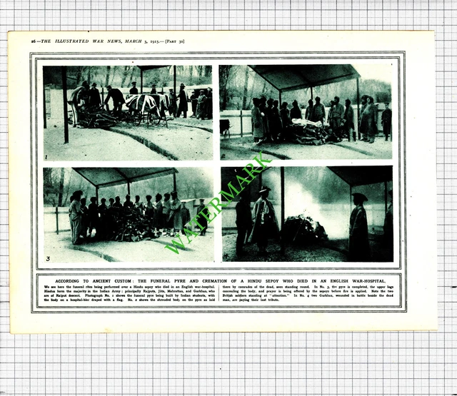 HINDU SEPOY FUNERAL Pyre Great War English Hospital WW1 1915 Cutting