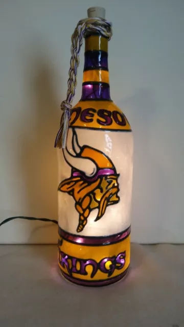 Minnesota Vikings Inspired Wine Bottle Lamp Hand Painted Lighted Stained Glass