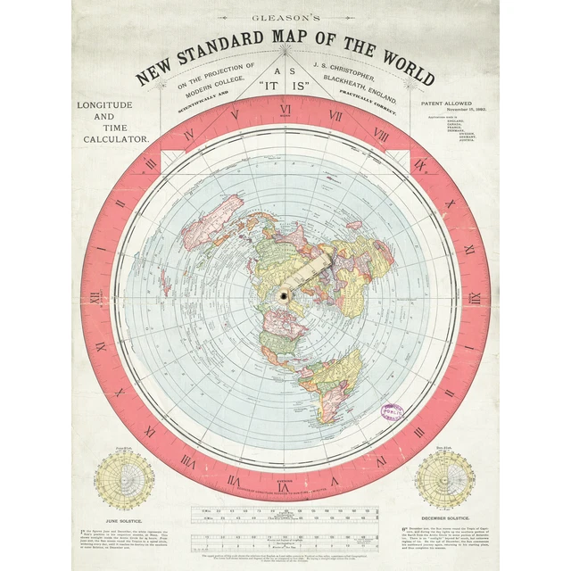 Map Gleason 1892 World Time Calculator Flat Earth Huge Wall Art Poster Print