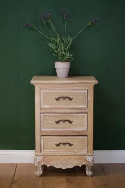 New - French Louis XV Style 3 Drawer Bedside Cabinet! Rustic Bleached Look! 16