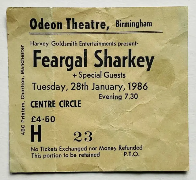 Feargal Sharkey Original Used Concert Ticket Odeon Theatre Birmingham 28th Jan 1
