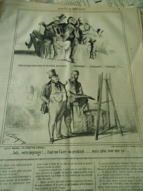 Caricature 1860 - Artistes Marchands Trio d'amateurs chez un peintre en vogue