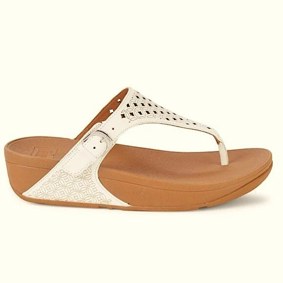FitFlop Lattice Toe Thongs Sandals Women's 6 White Leather Laser Cut Slip On