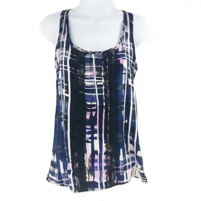 RAMY BROOK Women Tank Top XS Blue Pink Abstract Lace Detailing Layered Look