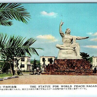 c1950s Nagasaki, Japan Statue for World Peace Park Litho Photo Postcard Vtg A31