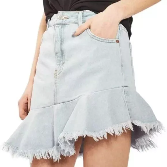 New Topshop Moto Asymmetrical Raw Hem Denim Skirt Light Wash Womens Size 6 2