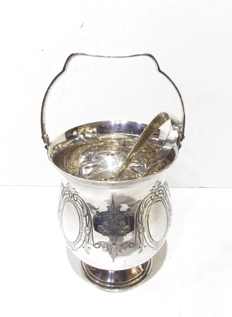 Vintage Silver Plated Ice Bucket With Drainer & Tongs 1970s engraved design EPNS