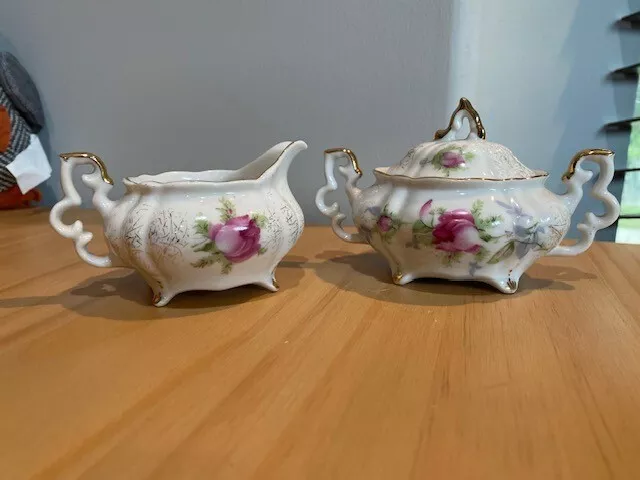 DRESDEN ROSE Vintage Cream & Sugar Set Porcelain Gold Trim NW-L-108 Japan Rare