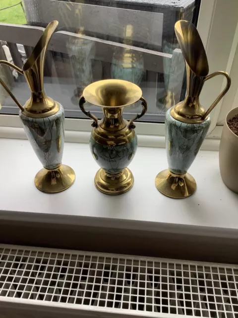 Delft Holland Turquoise Ceramic and Brass Lot of 3 Vase and Pitchers Stamped