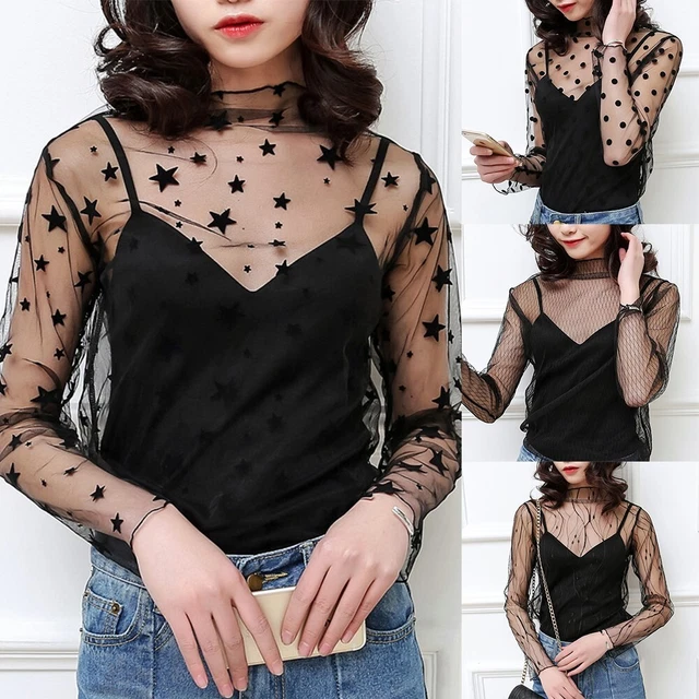 Top Femme Transparent En Maille Noire - Manches Longues, Coupe Slim Fit - Parfait Pour Soirées, Clubwear, Looks Audacieux