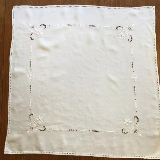 Vintage Bordered Cutwork/Hand Embroidered White Linen 24” Square Overlay/Topper