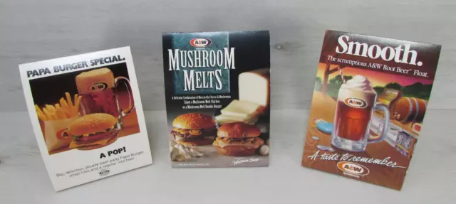 A&W Table Tents Advertising 1988 Root Beer Soda, Papa Burger, 1993 Mushroom Melt